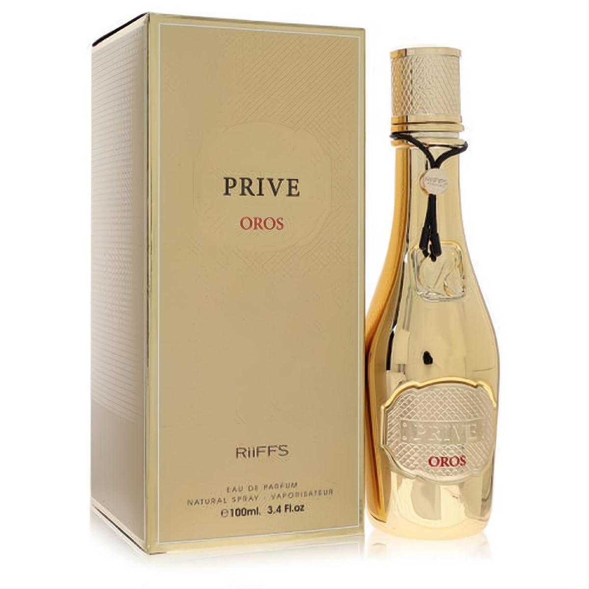 Luxurious gold Riiffs Prive Oros 3.4 oz Eau De Parfum spray bottle with textured cap and elegant matching box.
