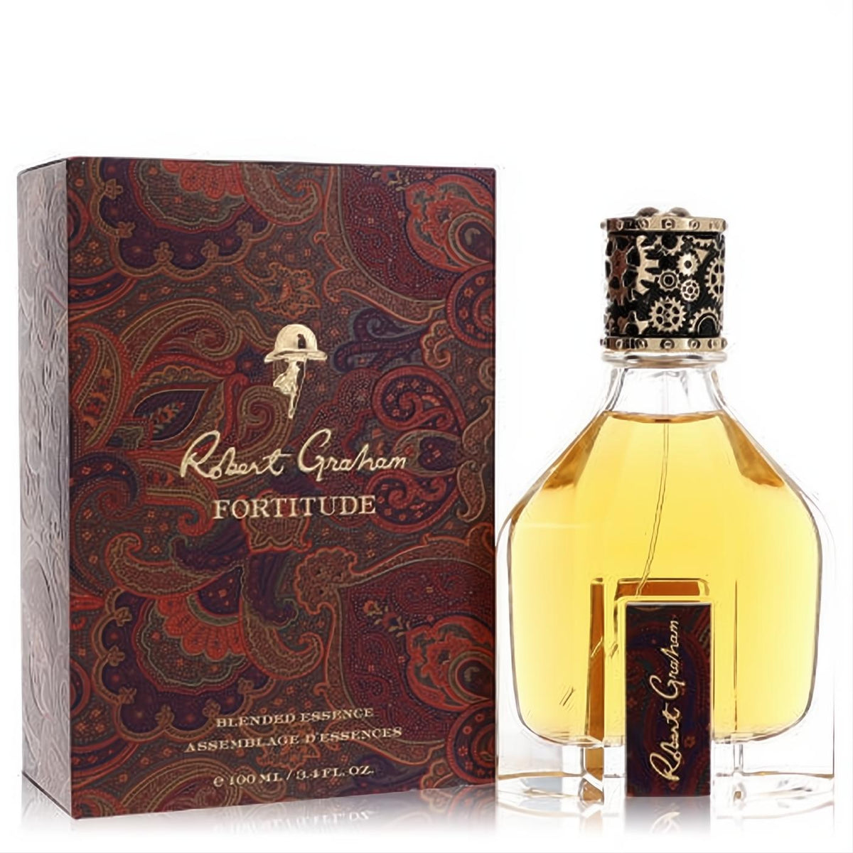 Robert Graham Fortitude 3.4 oz men's cologne. Distinctive clear bottle with amber liquid, ornate gear cap, and luxurious paisley box.