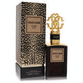 Roberto Cavalli Divine Oud 3.4 oz EDP. Elegant dark bottle, striking gold RC logo cap, and luxurious leopard print box.