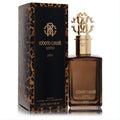 Seductive Roberto Cavalli Uomo 3.3 oz EDP. Dark amber bottle, opulent gold RC logo cap, and exotic leopard print box.