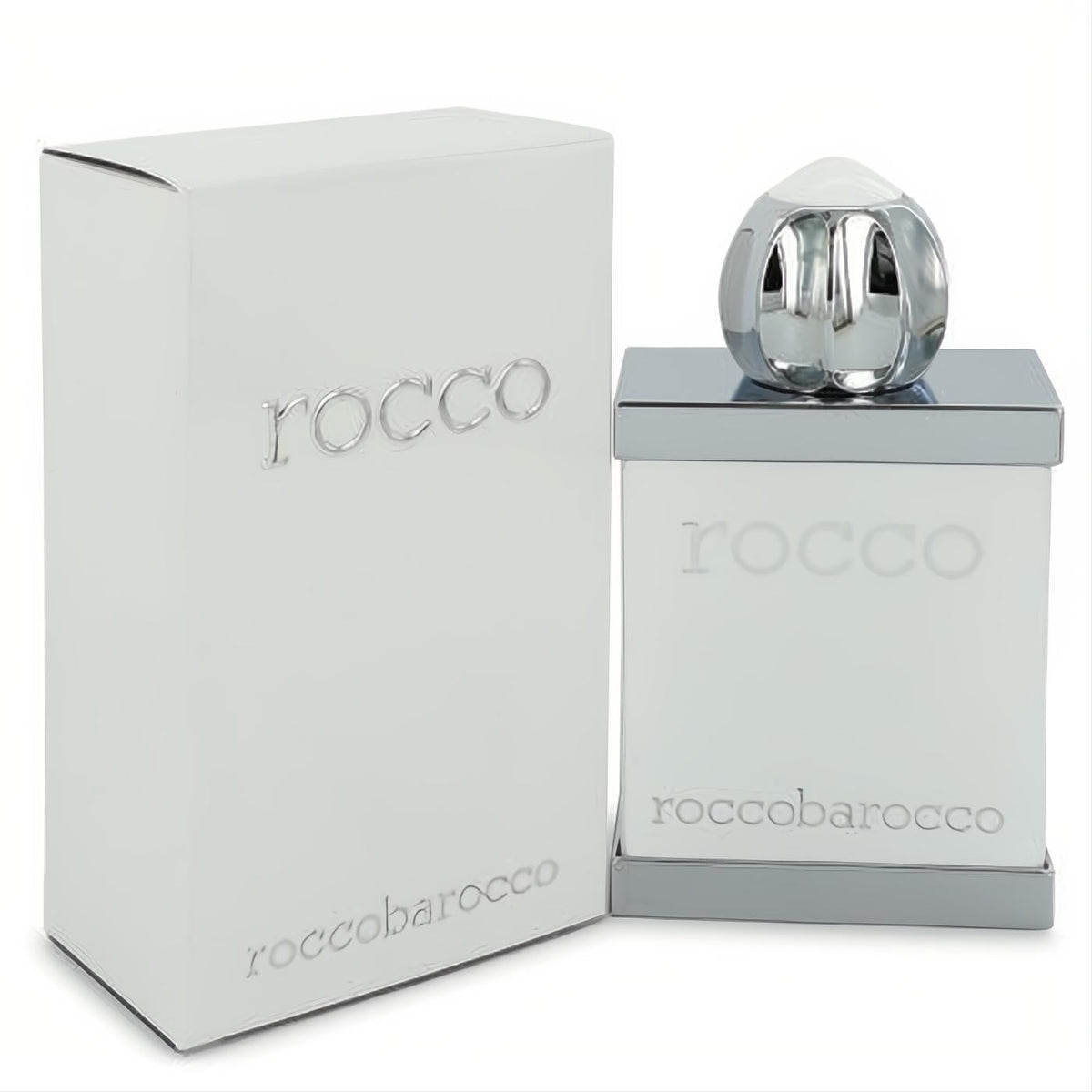Premium Rocco White men's EDT spray. Elegant frosted white bottle, sleek silver cap, and matching branded box.