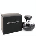 Roccobarocco Black 3.4 oz Eau De Parfum spray in a sleek black bottle with a faceted cap and matching box.