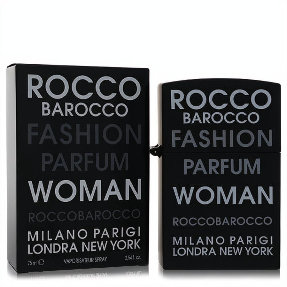 Discover Roccobarocco Fashion 2.54 oz women's EDP. Chic black bottle and matching box with crisp white branding.