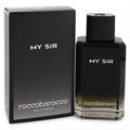 Sophisticated Roccobarocco My Sir men's EDP in a sleek black glass bottle with octagonal cap and matching box.