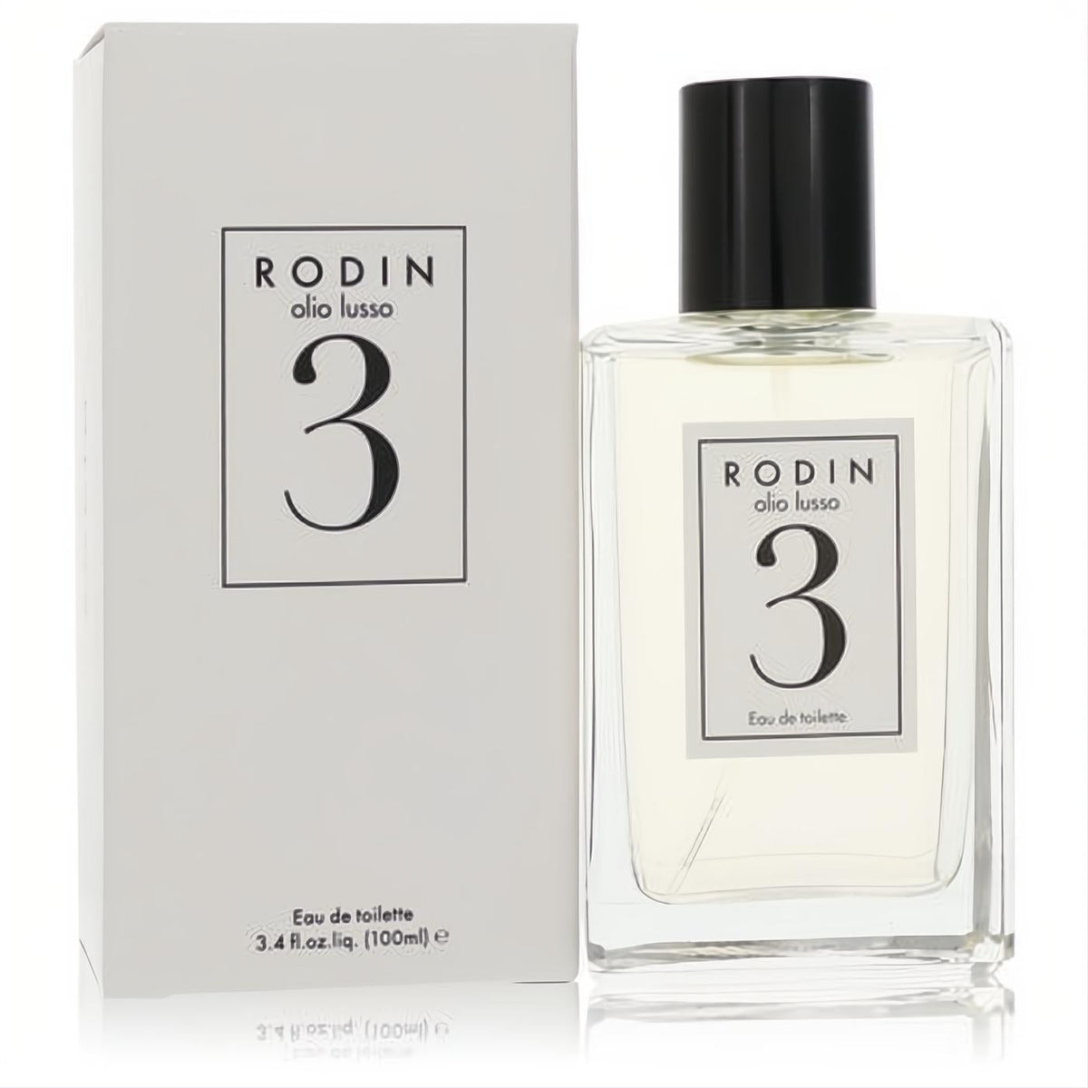 Discover Rodin Olio Lusso 3 unisex 3.4 oz eau de toilette. Sleek clear glass bottle with minimalist white label, presented with its matching box.