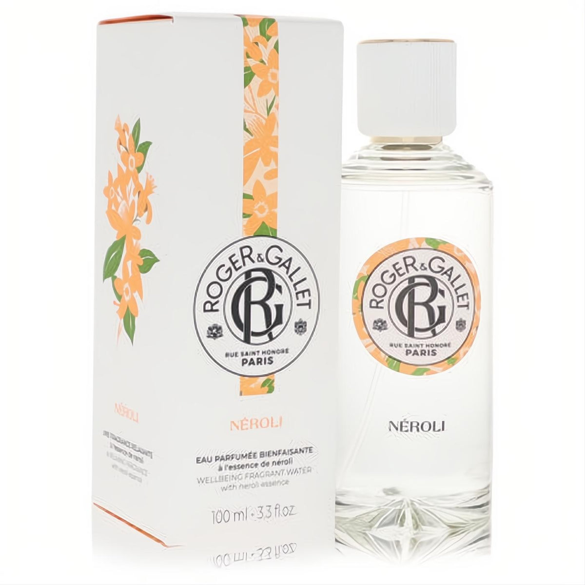 Roger & Gallet Neroli 3.3 oz unisex fresh fragrant water spray in a clear bottle and white box with vibrant orange floral design.
