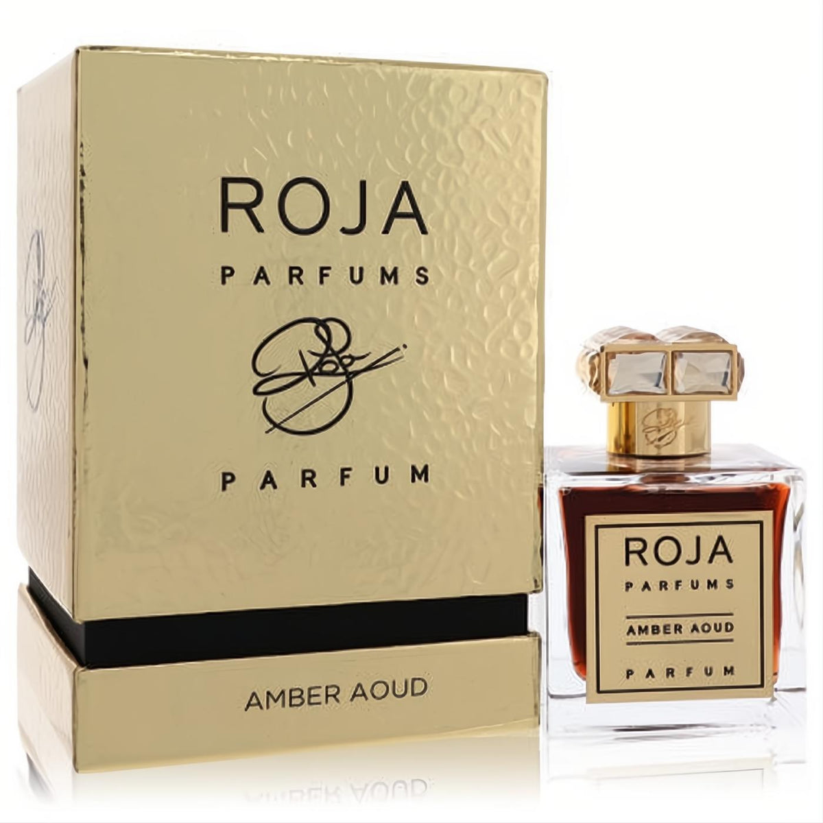 Roja Amber Aoud perfume: exquisite clear glass bottle with rich amber liquid, ornate gold cap, and luxurious textured gold box.