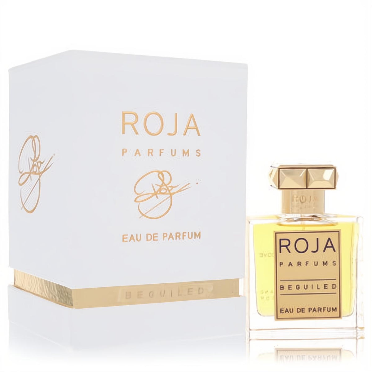 Luxurious Roja Beguiled Extrait De Parfum, 1.7 oz, in a clear bottle with gold faceted cap and elegant white & gold box.