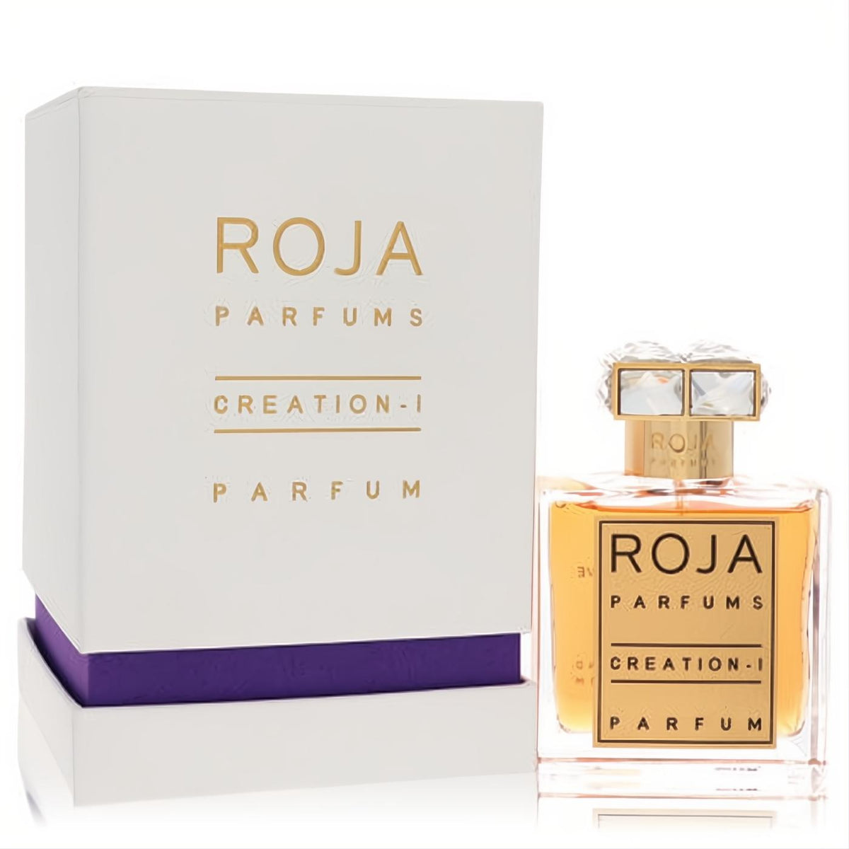 Roja Creation-I 1.7 oz Extrait De Parfum: elegant clear glass bottle with gold label and dazzling faceted crystal cap.
