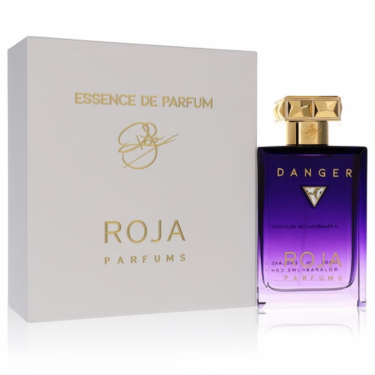 Luxurious Roja Danger 3.4 oz Essence De Parfum. Sleek purple gradient glass bottle with a gold faceted cap and elegant white box.