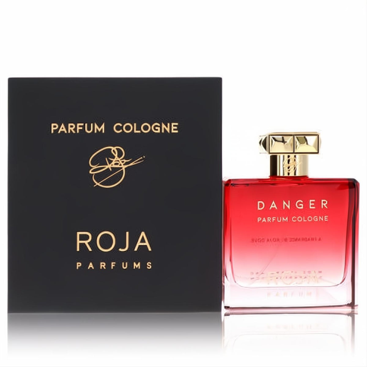 Bold Roja Danger Pour Homme men's fragrance. Striking red glass bottle with gold cap, beside its elegant black Roja Parfums box.