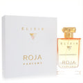 Luxurious Roja Elixir Essence De Parfum bottle with amber liquid, gold cap, and elegant white box with gold accents.