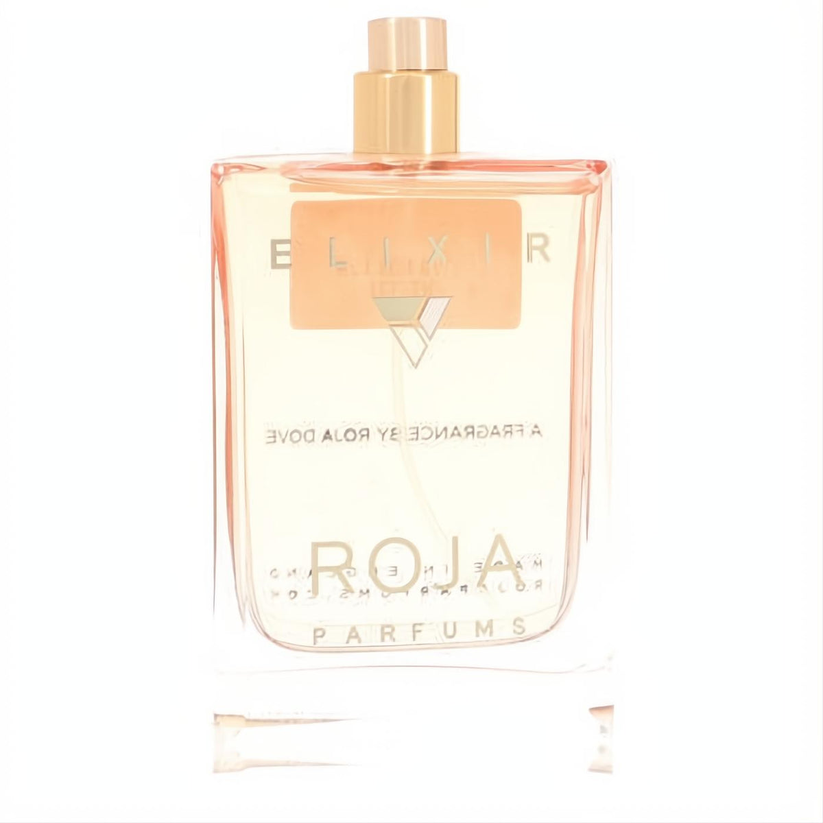 Luxurious Roja Elixir 3.4 oz fragrance bottle: clear glass, peach liquid, elegant gold cap.