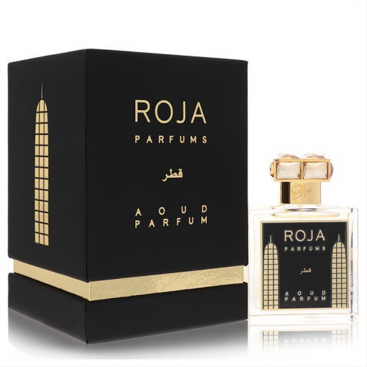Roja Qatar 1.7 oz unisex Extrait De Parfum. Elegant clear bottle with gold skyscraper design, black-gold box, and jeweled cap.
