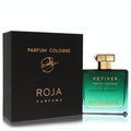 Roja Vetiver 3.4 oz men's cologne: luxurious black box with gold branding, sleek green gradient glass bottle, gold cap.