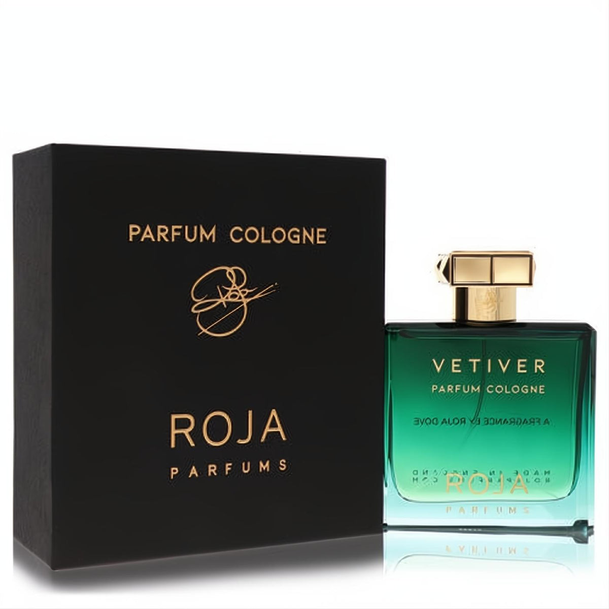 Roja Vetiver 3.4 oz men's cologne: luxurious black box with gold branding, sleek green gradient glass bottle, gold cap.
