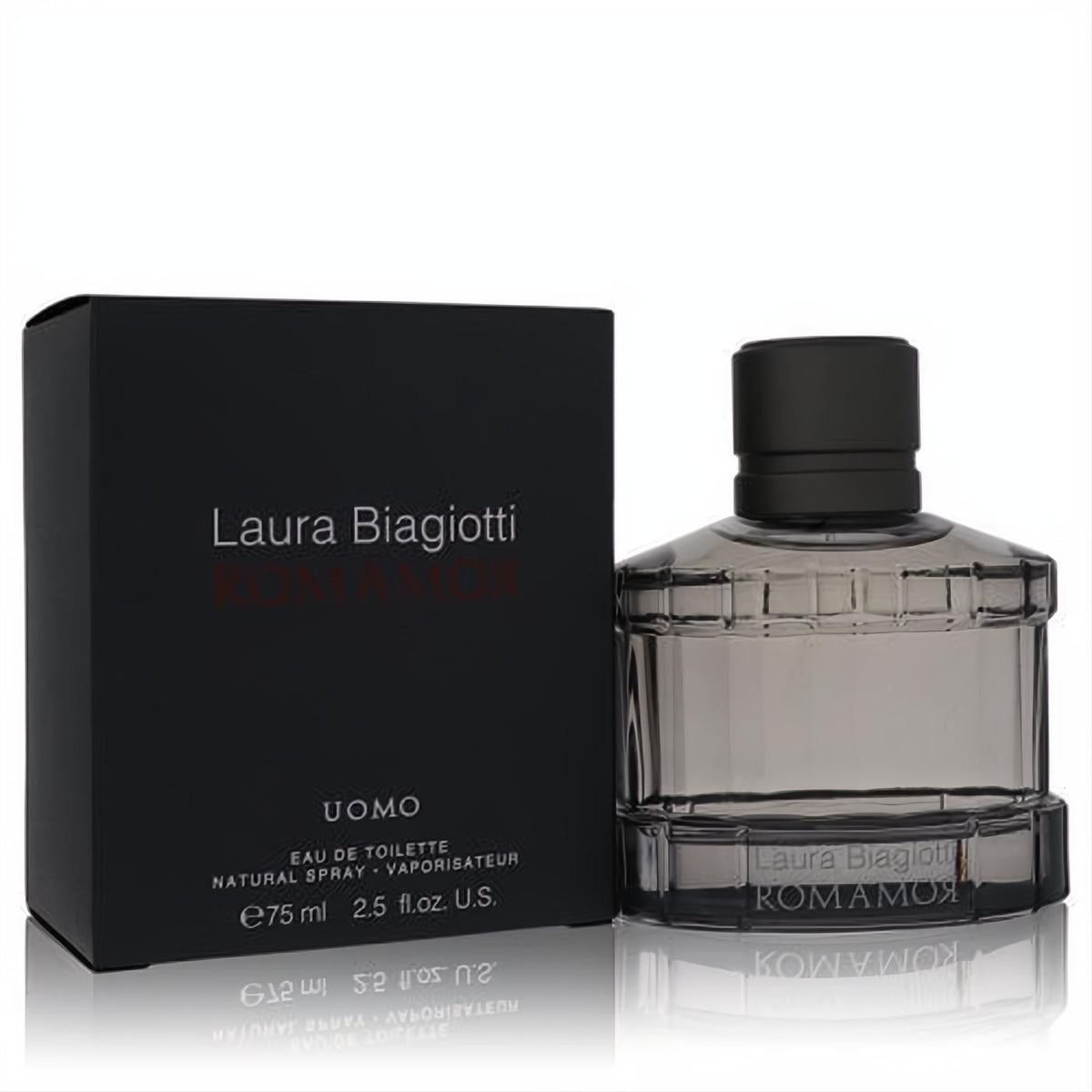 Laura Biagiotti Romamor Uomo 2.5 oz EDT. Bold black box with red text, smoky grey ribbed glass spray bottle.