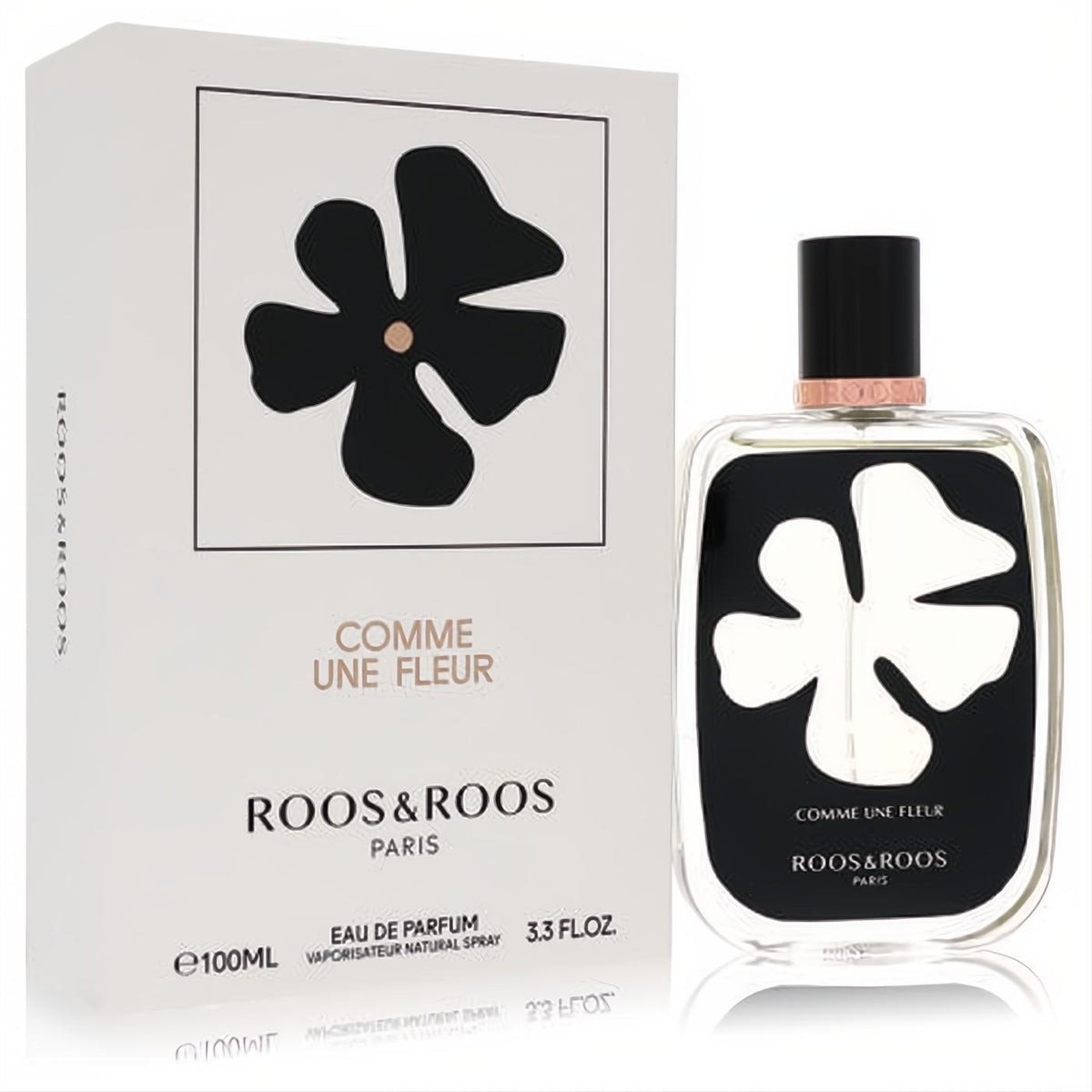 Sophisticated Roos & Roos Comme Une Fleur unisex EDP. Clear 3.3 oz bottle features a white floral design on black, with a matching elegant white box.