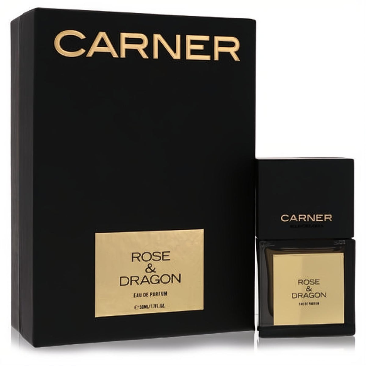 Experience luxury: Carner Barcelona Rose & Dragon 1.7 oz unisex EDP spray. Sleek black bottle with gold label and matching box.
