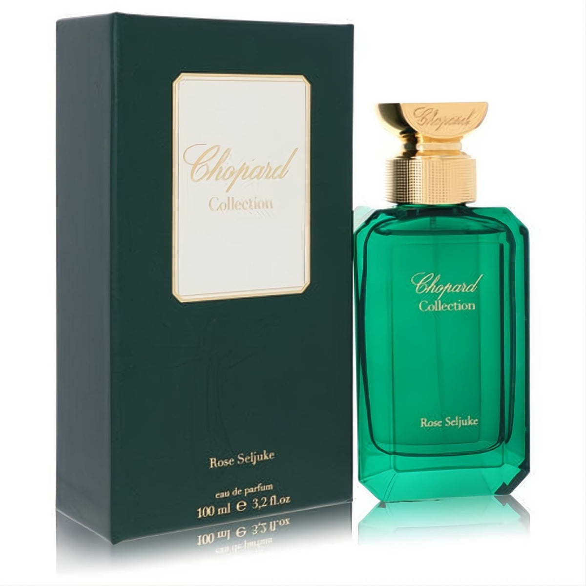 Chopard Rose Seljuke 3.2 oz Eau De Parfum. Stunning emerald green faceted bottle with gold cap and elegant dark green box.