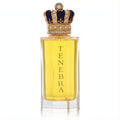 Luxurious Royal Crown Tenebra 3.3 oz women's extrait de parfum. Clear bottle with "TENEBRA" text, topped by a regal blue & gold crystal crown.