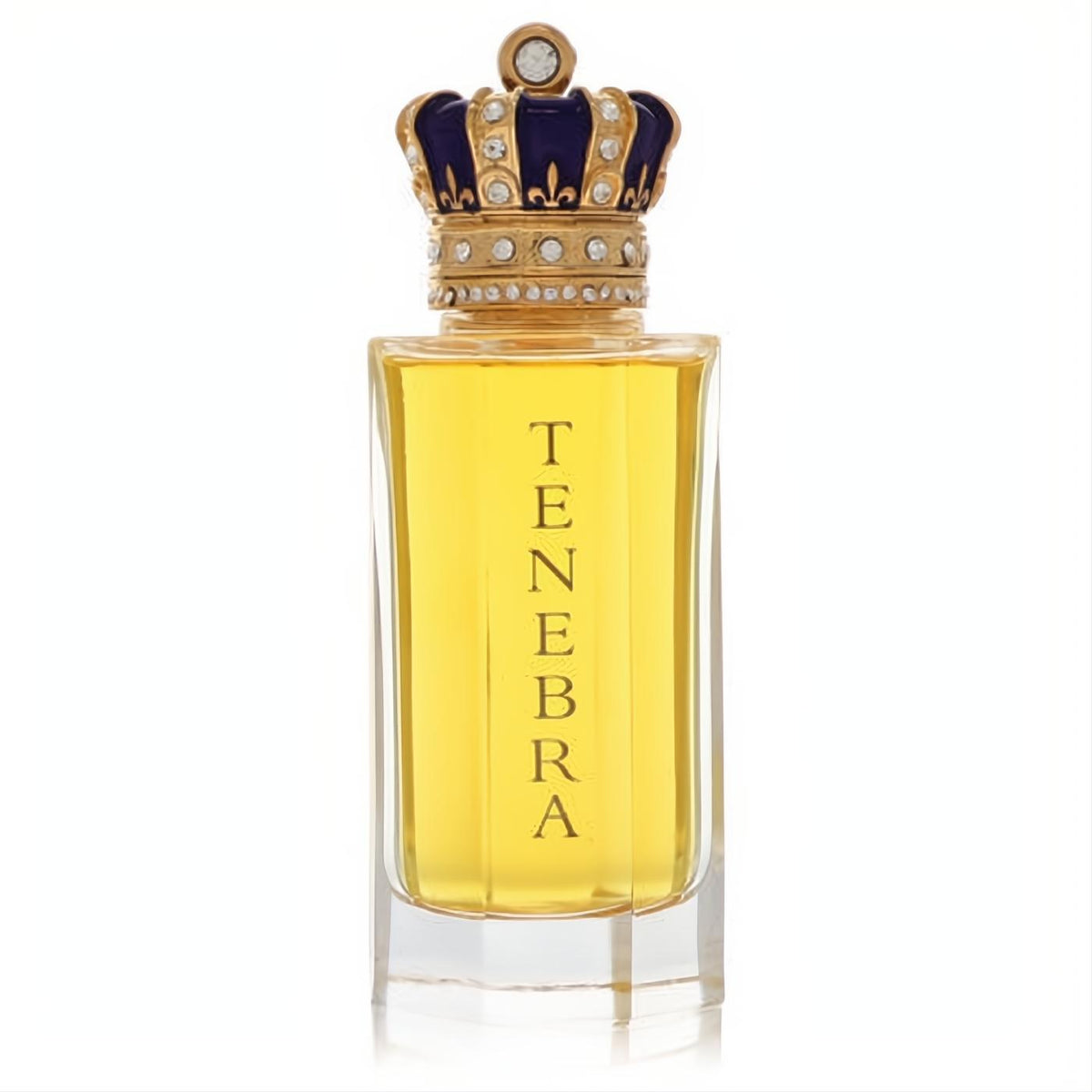 Luxurious Royal Crown Tenebra 3.3 oz women's extrait de parfum. Clear bottle with "TENEBRA" text, topped by a regal blue & gold crystal crown.