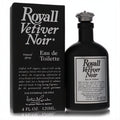 Royall Vetiver Noir 4 oz Eau de Toilette in a sleek matte black bottle with a silver crown cap, next to its elegant branded box.