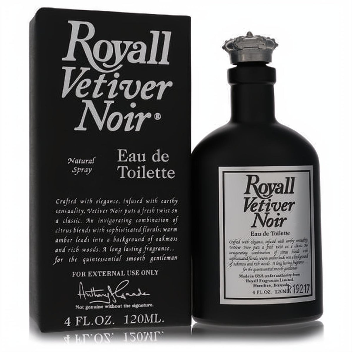 Royall Vetiver Noir 4 oz Eau de Toilette in a sleek matte black bottle with a silver crown cap, next to its elegant branded box.