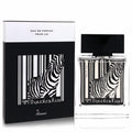 Experience Rumz Al Rasasi 9325 Pour Lui men's EDP, 1.68 oz. Bold black & white zebra barcode design on a sleek glass bottle & box.