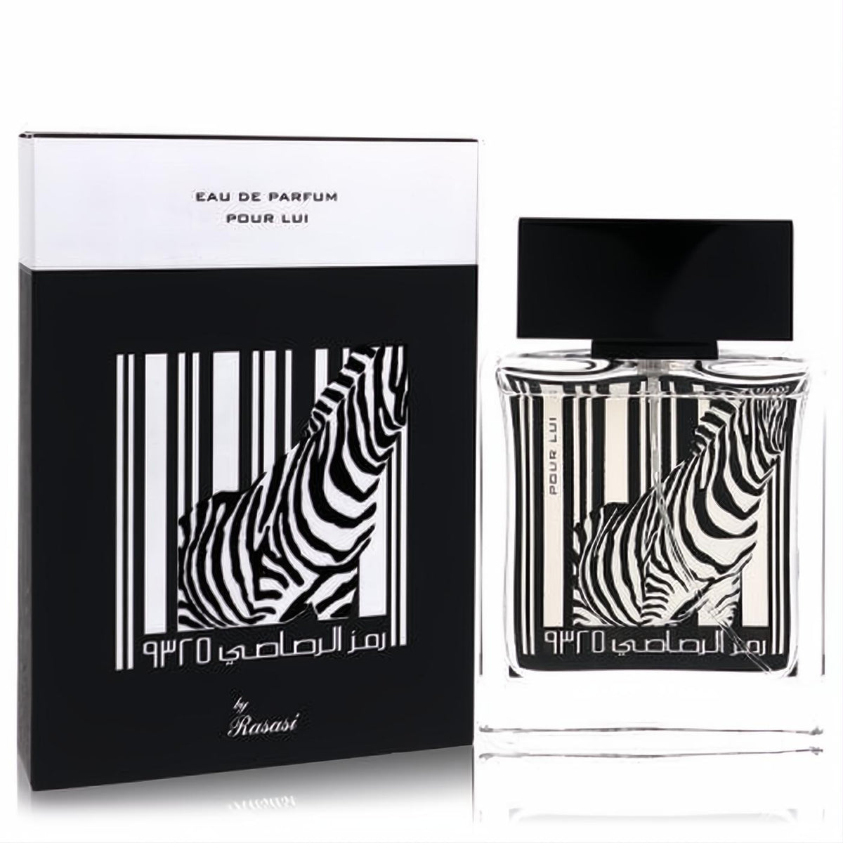 Experience Rumz Al Rasasi 9325 Pour Lui men's EDP, 1.68 oz. Bold black & white zebra barcode design on a sleek glass bottle & box.