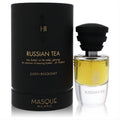 Masque Milano Russian Tea 1.18 oz Eau De Parfum spray. Elegant black and gold box, clear glass bottle with golden fragrance.