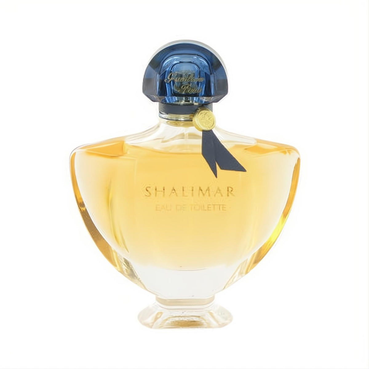 Captivating Guerlain Shalimar Eau de Toilette 3 oz. Golden liquid in a sculpted glass bottle with a deep blue cap and ribbon.