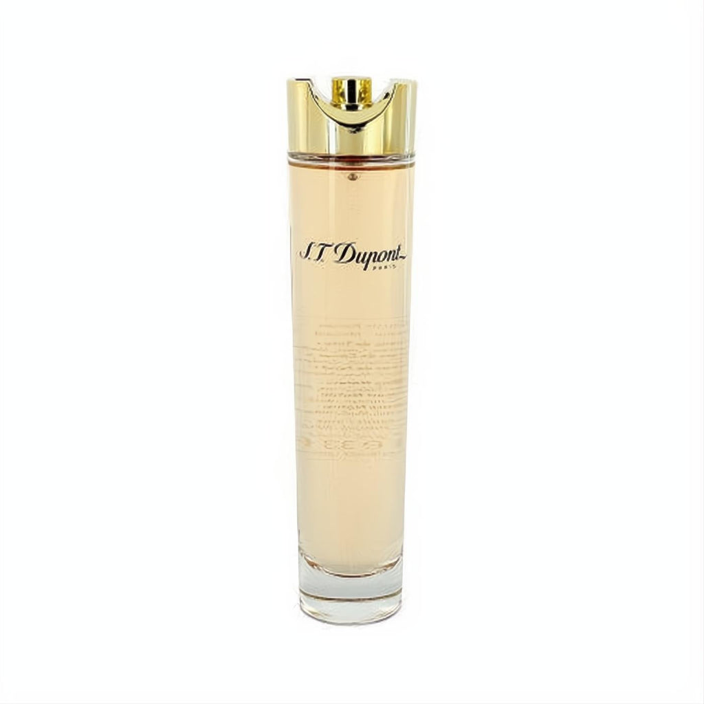 ST Dupont 3.3 oz Eau De Parfum tester. Elegant clear glass bottle with warm amber liquid and a sleek gold cap.