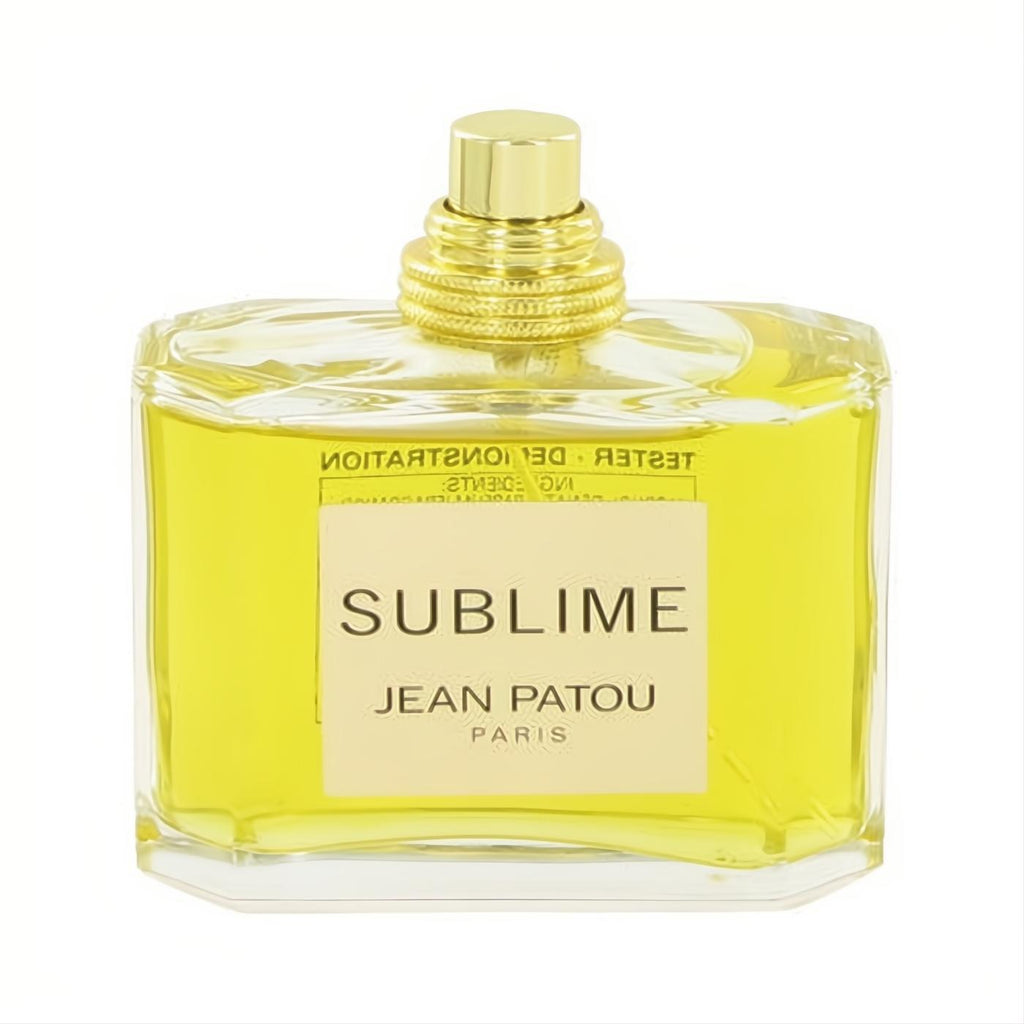 SUBLIME by Jean Patou 2.5 oz tester EDP spray. Clear glass bottle, radiant yellow fragrance, elegant gold cap, and iconic label.