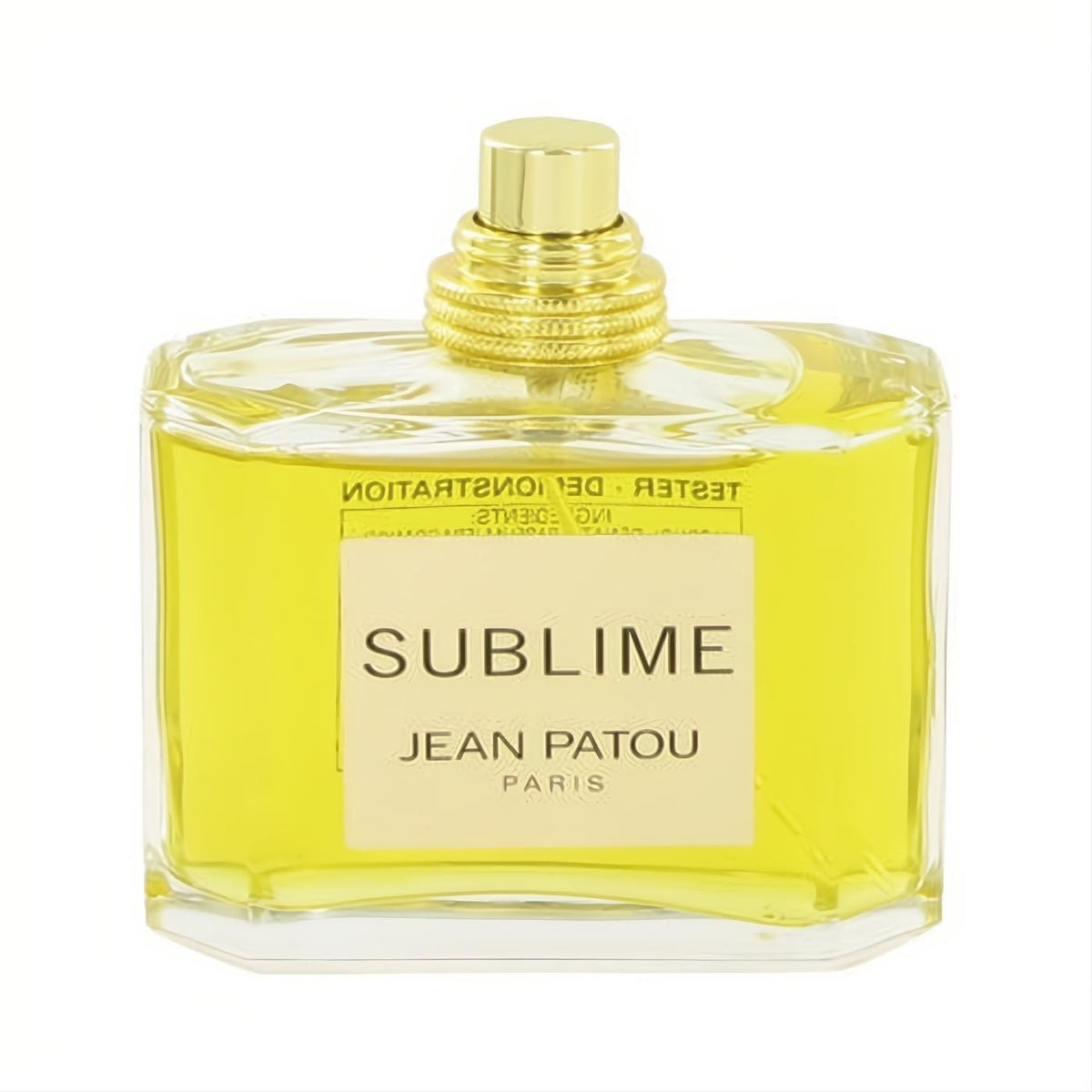 SUBLIME by Jean Patou 2.5 oz tester EDP spray. Clear glass bottle, radiant yellow fragrance, elegant gold cap, and iconic label.