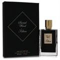 Sophisticated Sacred Wood by Kilian 1.7 oz Eau De Parfum. Clear glass bottle, luxurious gold cap, and sleek black box with gold details.