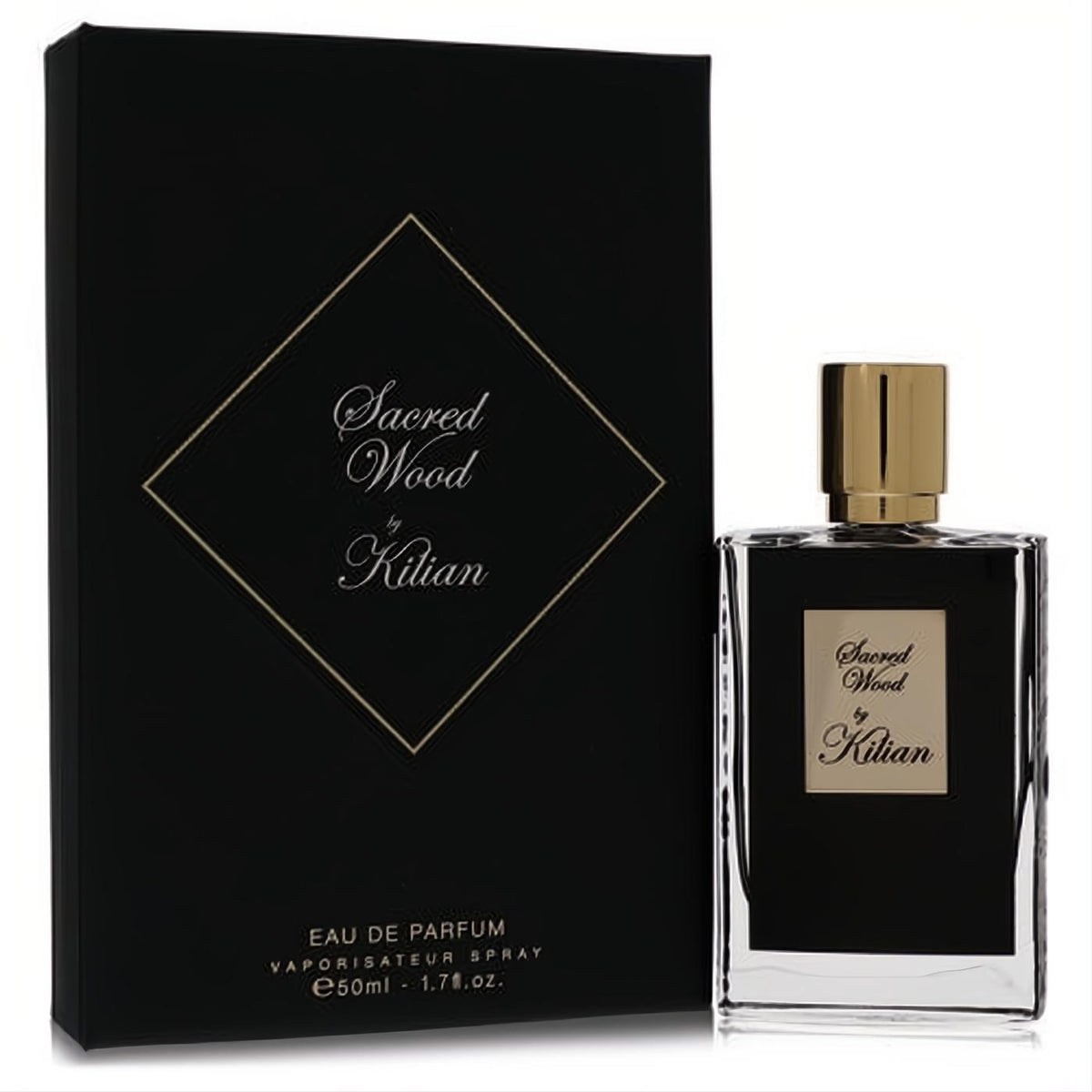 Sophisticated Sacred Wood by Kilian 1.7 oz Eau De Parfum. Clear glass bottle, luxurious gold cap, and sleek black box with gold details.