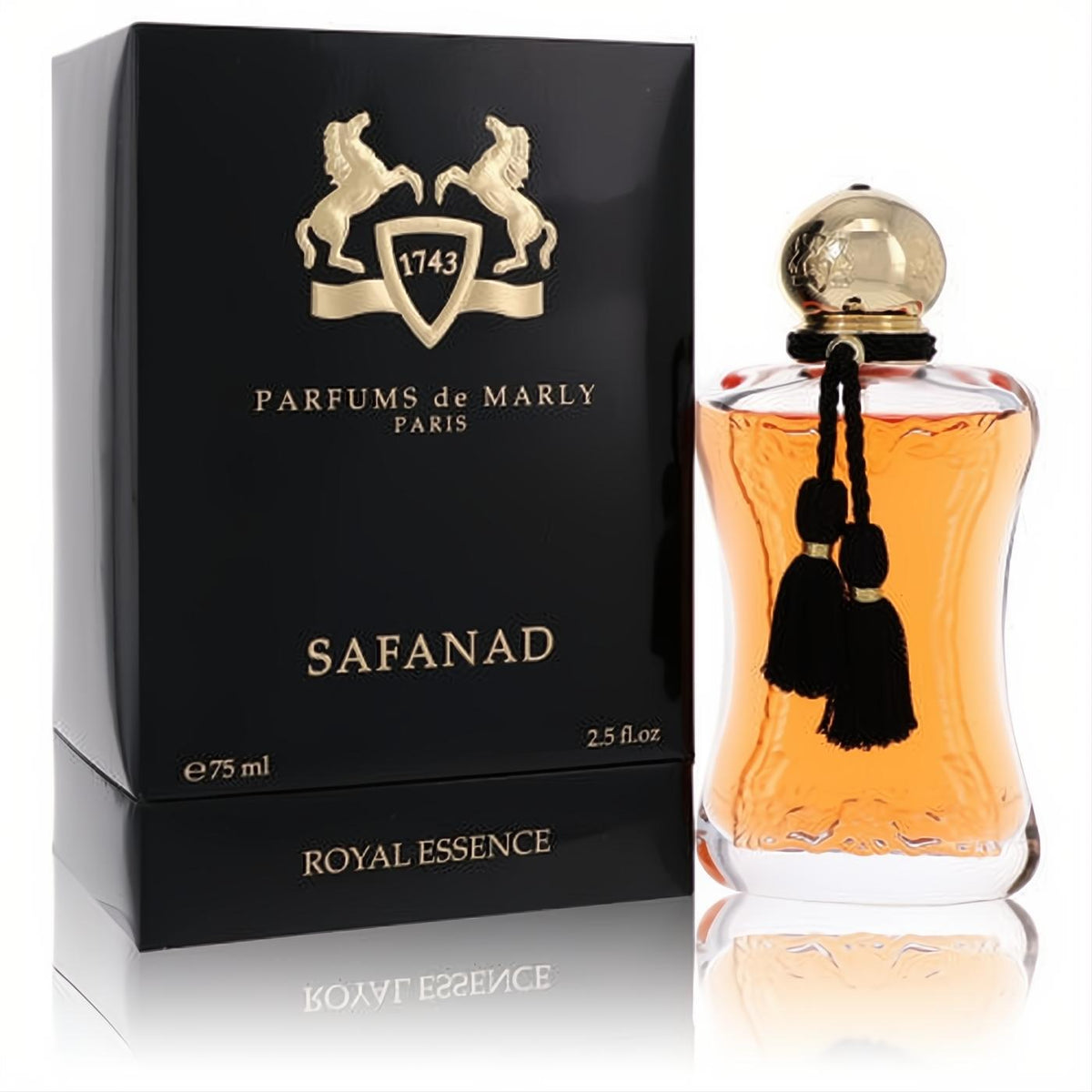 Safanad by Parfums De Marly 2.5 oz EDP. Elegant black box, amber perfume in glass bottle with gold cap and black tassels.
