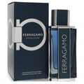 Experience Salvatore Ferragamo Intense Leather EDP. Elegant dark blue bottle with silver accents and matching Gancini logo box.