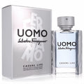 Salvatore Ferragamo Uomo Casual Life 3.4 oz EDT. Sleek silver box and clear bottle with invigorating light blue men's fragrance.