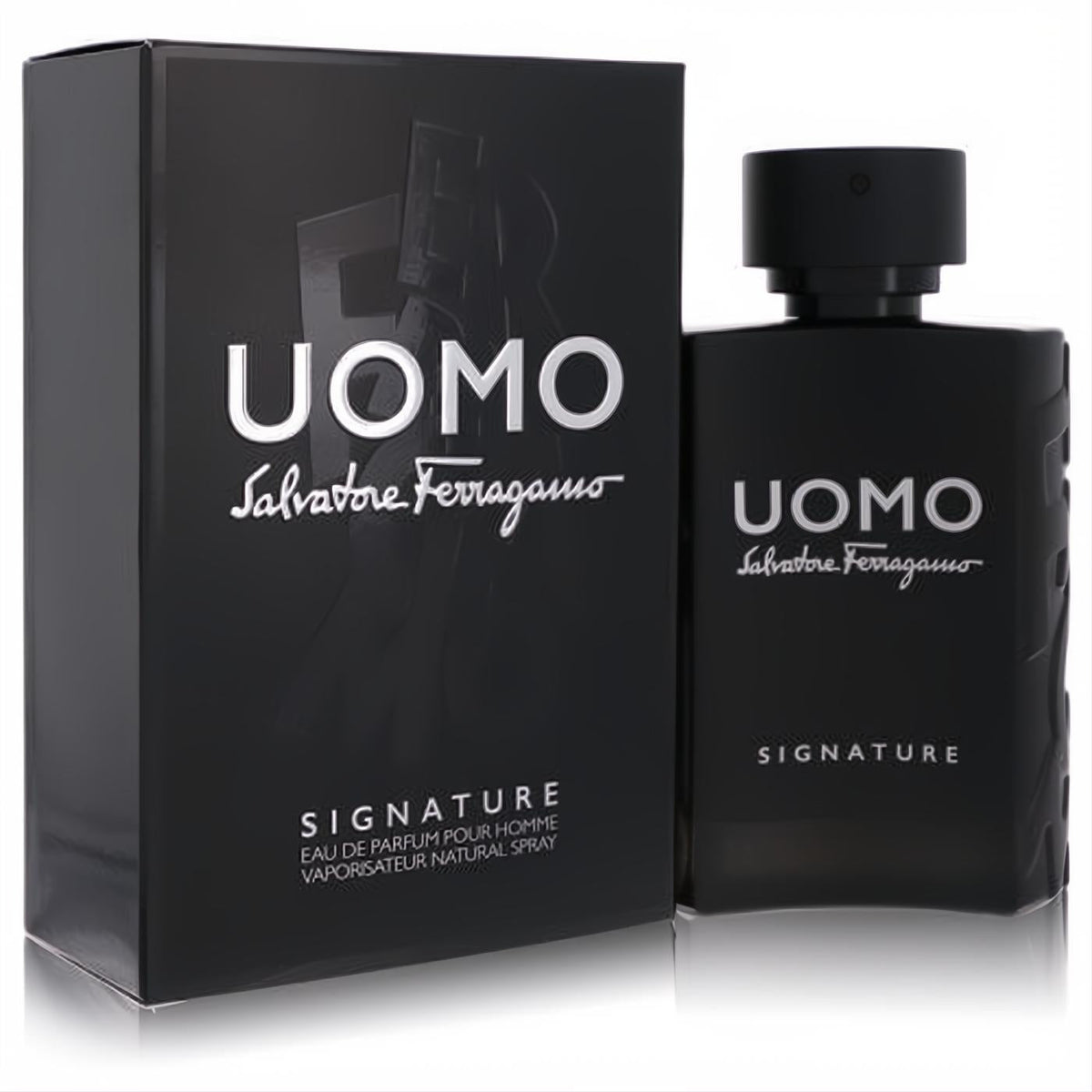 Sophisticated matte black Salvatore Ferragamo Uomo Signature men's EDP 3.4 oz spray bottle and matching box with silver lettering.