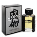 Salvatore Ferragamo Uomo 1.7 oz EDT: a masculine clear glass bottle with black cap, beside its elegant black and silver box.
