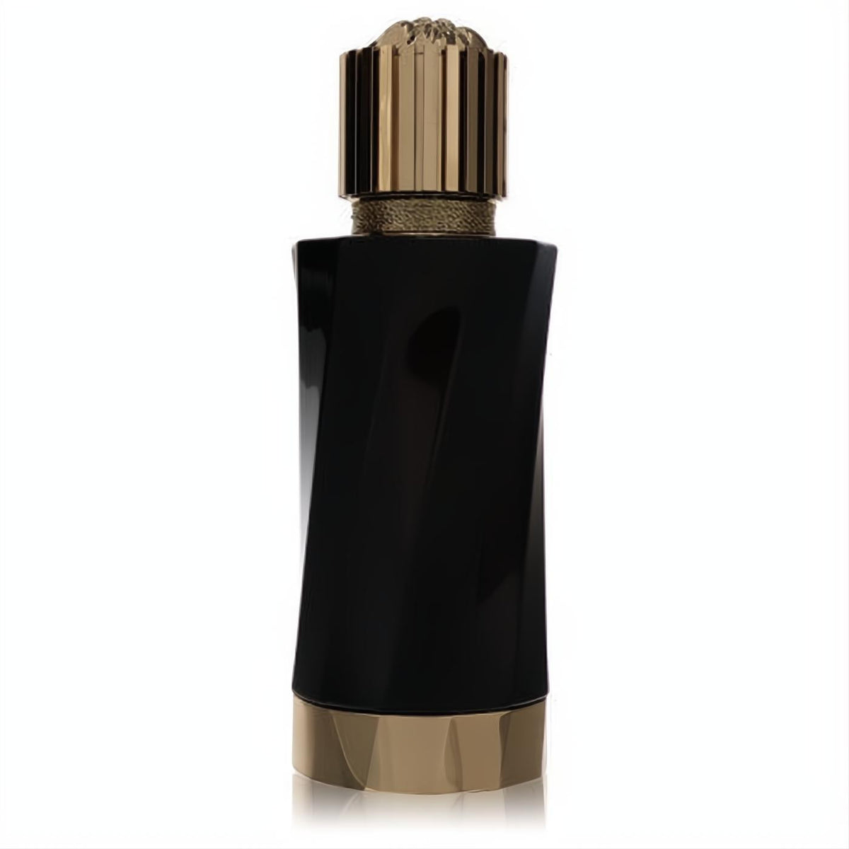Luxurious Santal Boise by Versace EDP spray. Sleek black glass bottle with a unique twisted design and elegant gold cap.