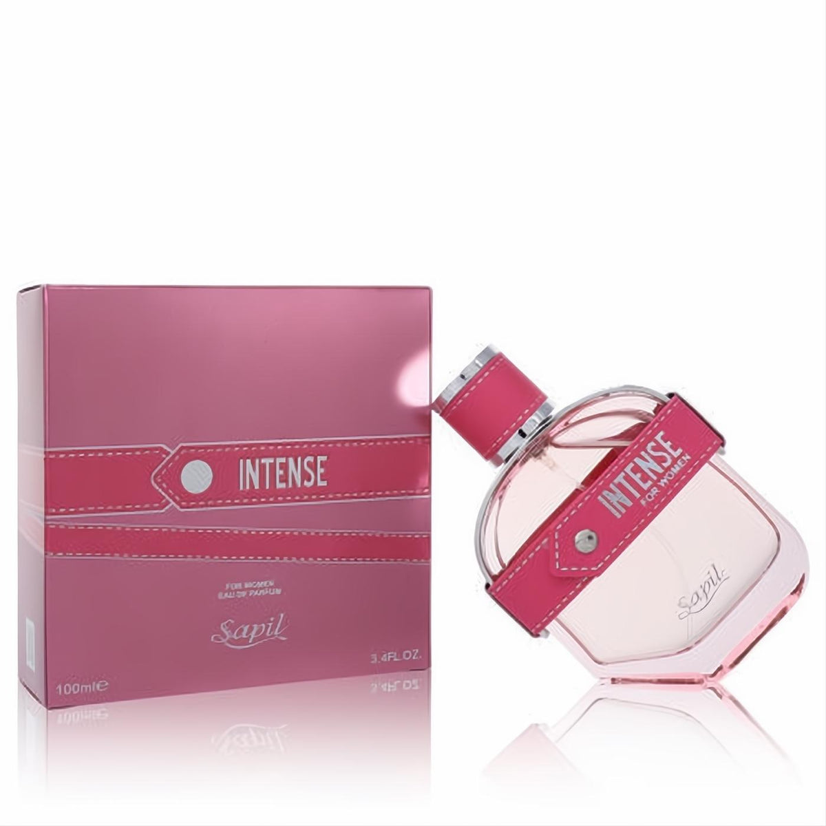 Sapil Intense for Women 3.4 oz EDP. Bold pink bottle with silver-studded faux leather strap and matching box.