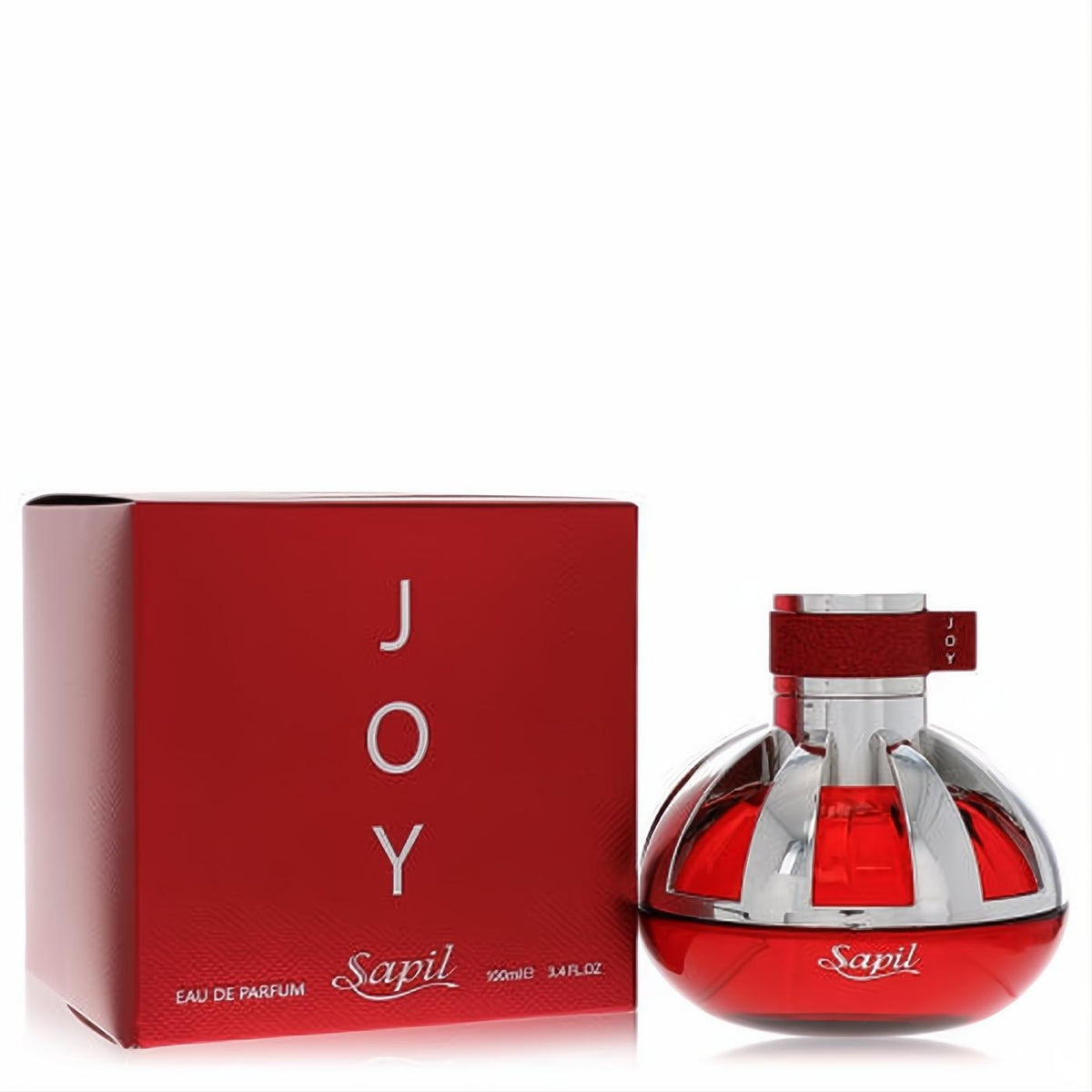 Experience Joy with Sapil's 3.4 oz women's Eau De Parfum. Striking metallic red bottle, silver accents, and matching box.