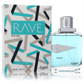 Sapil Rave 3.4 oz men's EDT: sleek bottle with vibrant blue fragrance, silver cap, and modern geometric box.