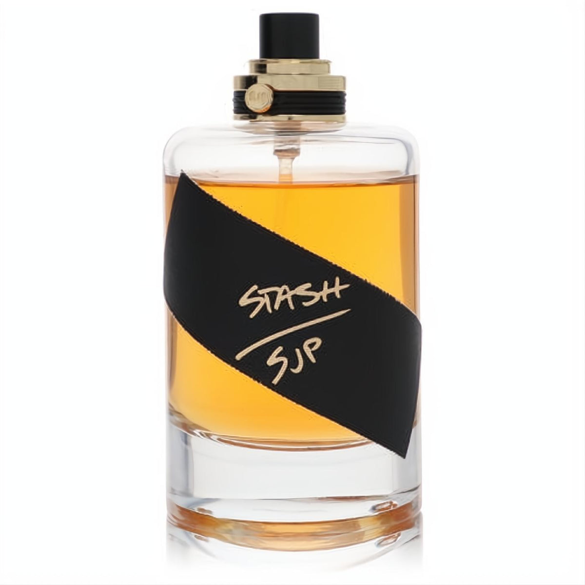 SJP Stash 3.4 oz unisex EDP spray. Clear glass bottle, warm amber elixir, black label with gold 'STASH SJP' text, sleek black and gold cap.