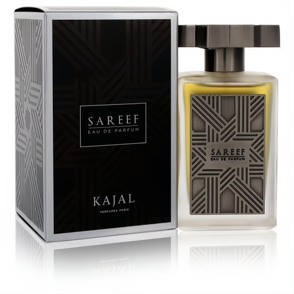 Elevate your style with Sareef by Kajal unisex Eau de Parfum. Frosted bottle, dark metallic geometric design, and elegant black box.