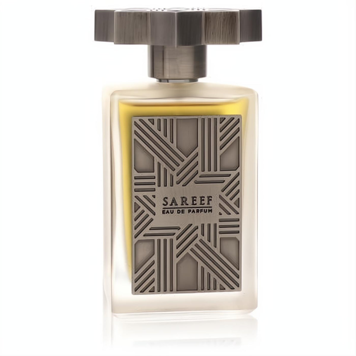 Elegant Sareef by Kajal unisex Eau De Parfum in a frosted glass bottle with a distinctive metallic geometric design and unique cap.