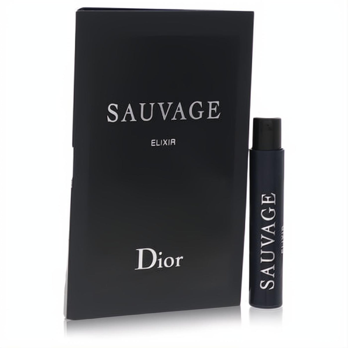 Dior Sauvage Elixir .03 oz men's fragrance sample vial. Sleek dark blue bottle, elegant black packaging with silver text.